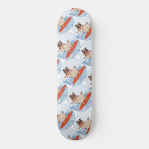 Wave riding happy pug dog on surfboard scarf band skateboard