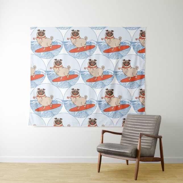 Wave riding happy pug dog on surfboard  scarf band tapestry (In Situ (Horizontal))