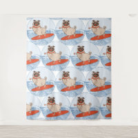Wave riding happy pug dog on surfboard  scarf band
