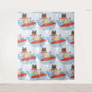 Wave riding happy pug dog on surfboard  scarf band tapestry
