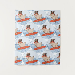Wave riding happy pug dog on surfboard scarf band tapestry