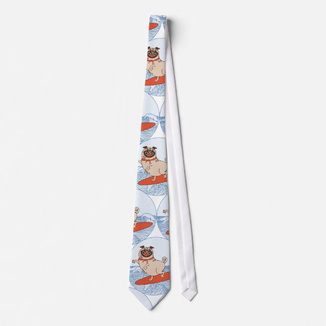 Wave riding happy pug dog on surfboard  scarf band tie (Front)