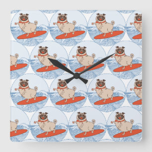 Wave riding happy pug dog on surfboard  square wall clock