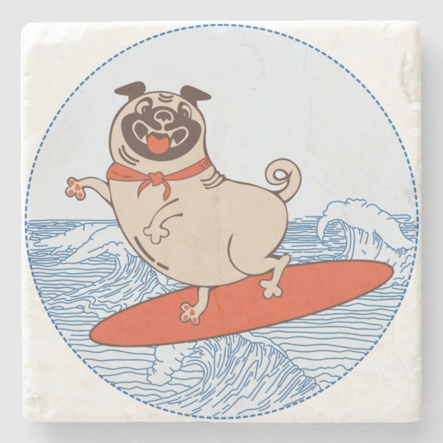 Wave riding happy pug dog on surfboard  stone coaster (Front)