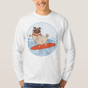 Wave riding happy pug dog on surfboard T-Shirt