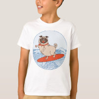 Wave riding happy pug dog on surfboard  T-Shirt