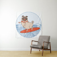 Wave riding happy pug dog on surfboard