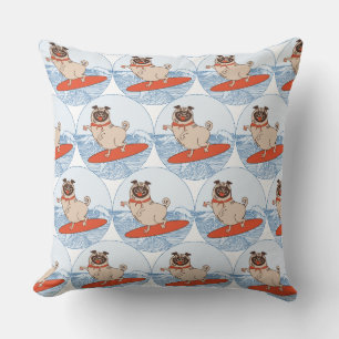 Wave riding happy pug dog on surfboard throw pillow