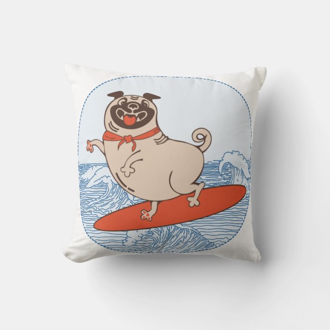 Wave riding happy pug dog on surfboard   throw pillow (Front)