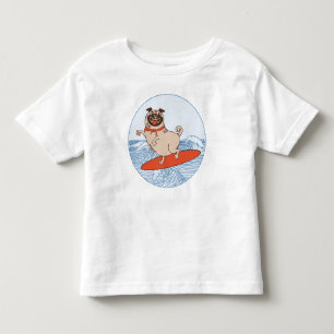 Wave riding happy pug dog on surfboard  toddler t-shirt