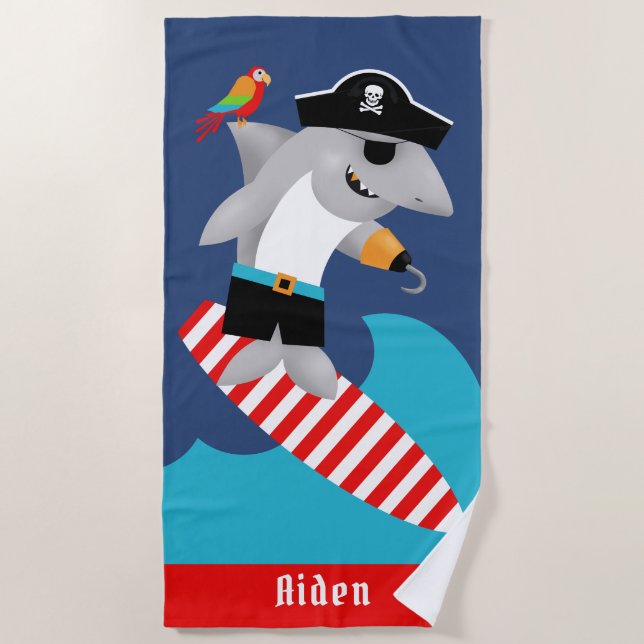 Wave Riding Surfing Shark Pirate Parrot Beach Towel (Front)