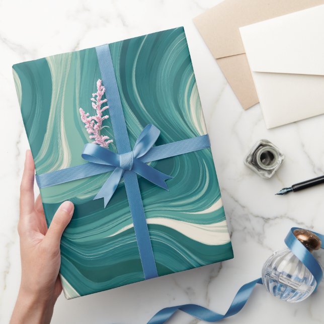 Wave Teal Aqua Motion White Abstract Pattern Wrapping Paper (Gifting)