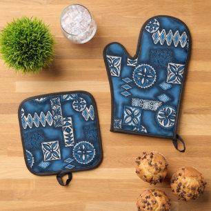 Wave Warrior Hawaiian Primitive Tapa Blue Oven Mitt & Pot Holder Set