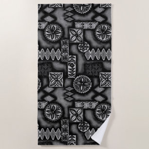 Wave Warrior Hawaiian Primitive Tapa - Grey Beach Towel