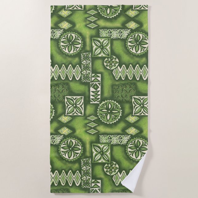 Wave Warrior Hawaiian Primitive Tapa - Lime Green Beach Towel (Front)