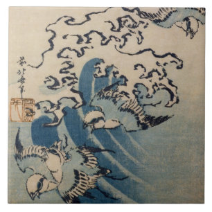 Waves and Birds, c.1825 (colour woodblock print) Tile