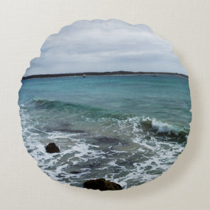 Waves And Fishing Boats On The Ocean,  Round Pillow