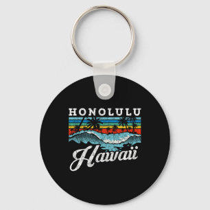 Waves Beach Honolulu Hawaiian Summer Surfing Retro Keychain