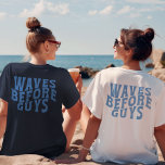 Waves Before Guys Summer Girls Beach Vacation T-Shirt<br><div class="desc">Make your girls' trip unforgettable with this "Waves Before Guys" t-shirt! Perfect for bachelorette parties and tropical vacations, this eye-catching tee showcases a playful wave and palm tree design. Crafted from high-quality materials for ultimate comfort and style, it’s for any beach destination. Add this must-have shirt to your travel wardrobe...</div>