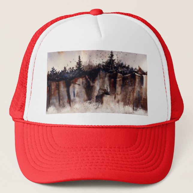 Waves breaking on a shore with pines Trucker Hat (Front)