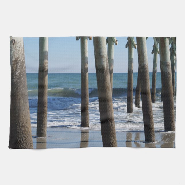 Waves Breaking Under the Pier at Myrtle Beach Kitchen Towel (Horizontal)