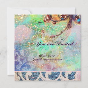 WAVES , bright red  blue green pink gold sparkles Invitation