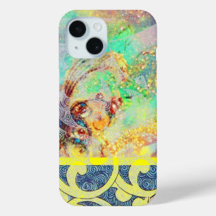 WAVES / Bright Yellow Blue Swirls in Gold Sparkles iPhone 15 Case
