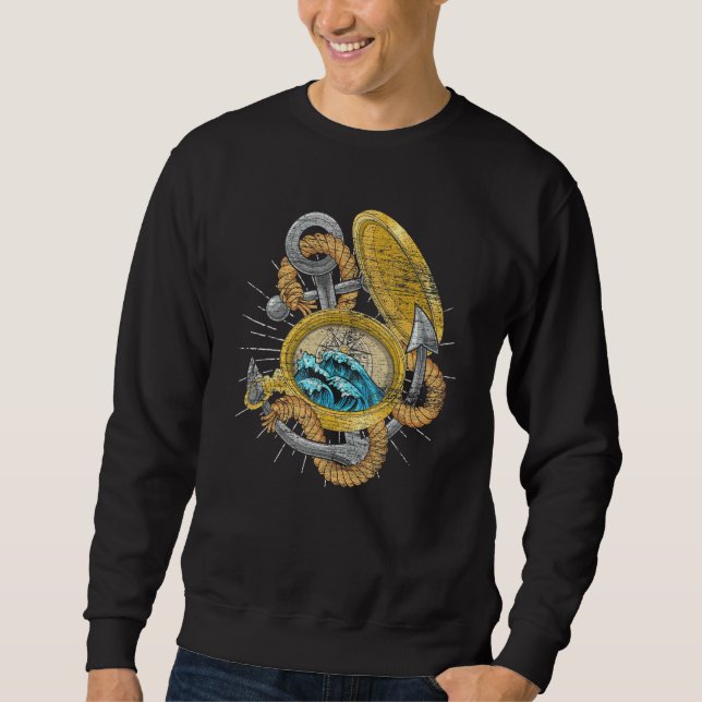 Waves Compass Anchor Sailor Nautical Skipper Saili Sweatshirt (Front)