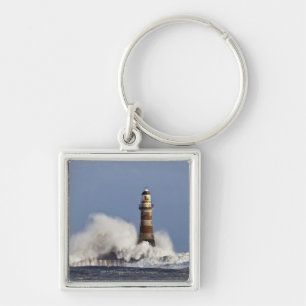 Waves Crashing Against Roker Lighthouse Keychain