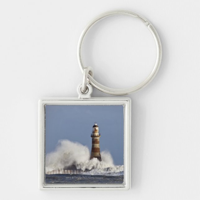 Waves Crashing Against Roker Lighthouse Keychain (Front)