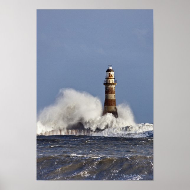 Waves Crashing Against Roker Lighthouse Poster (Front)
