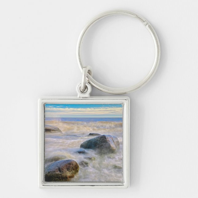 Waves crashing on shoreline rocks keychain (Front)