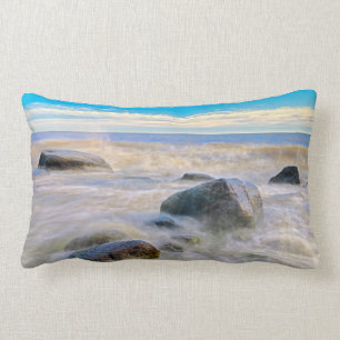 Waves crashing on shoreline rocks lumbar pillow