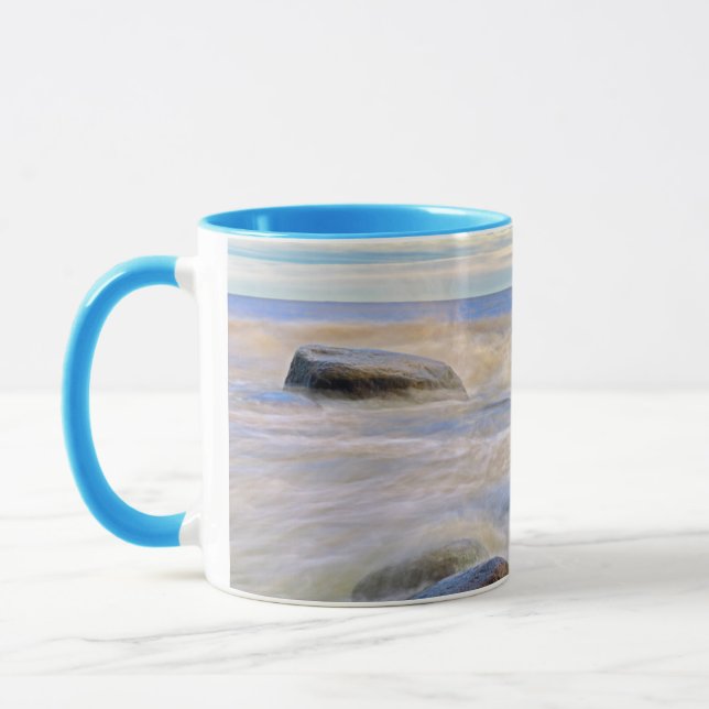 Waves crashing on shoreline rocks mug (Left)