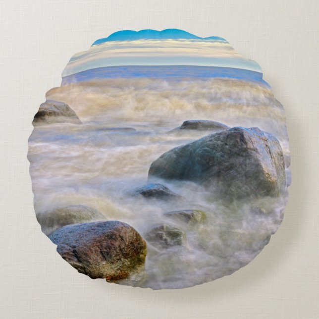 Waves crashing on shoreline rocks round pillow (Front)