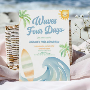 Waves Four Days Beach Surf Blue 4th Birthday Party Invitation