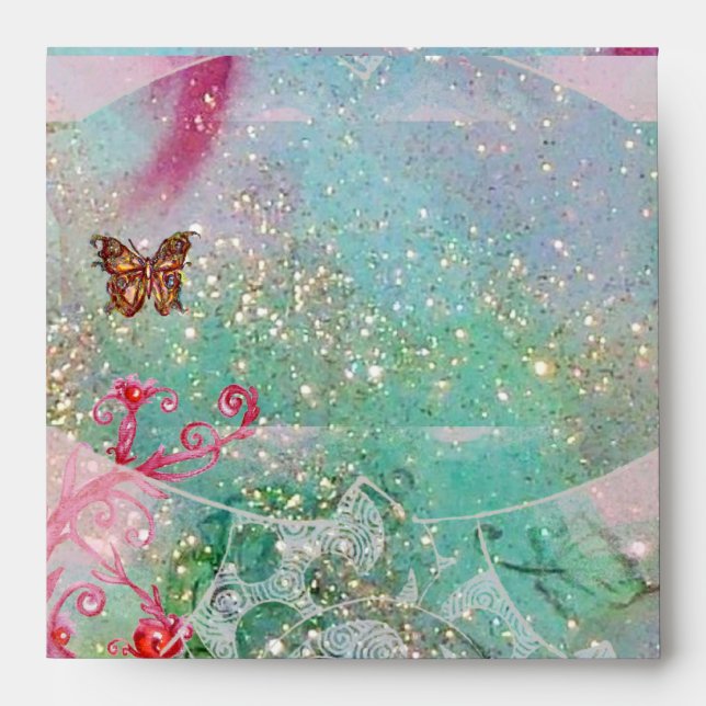 WAVES / GOLD BUTTERFLY IN BLUE SPARKLES  SWIRLS ENVELOPE (Front)