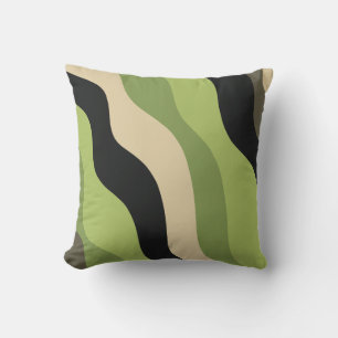 waves, green, black and beige curves colourful throw pillow