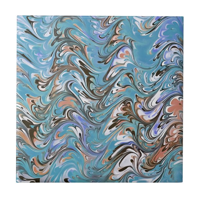 Waves In Blue Acrylic Pour Abstract Art Tile (Front)