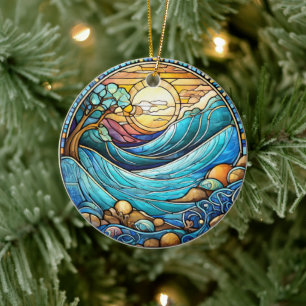 Waves Lake Ceramic Decorative Stained glass look Ornament