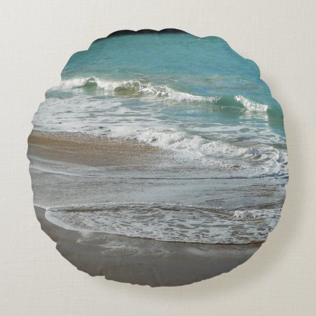 Waves Lapping on the Beach Turquoise Blue Ocean Round Pillow (Front)