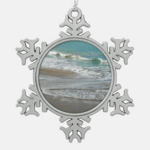 Waves Lapping on the Beach Turquoise Blue Ocean Snowflake Pewter Christmas Ornament