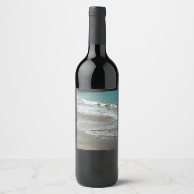 Waves Lapping on the Beach Turquoise Blue Ocean Wine Label (Front)