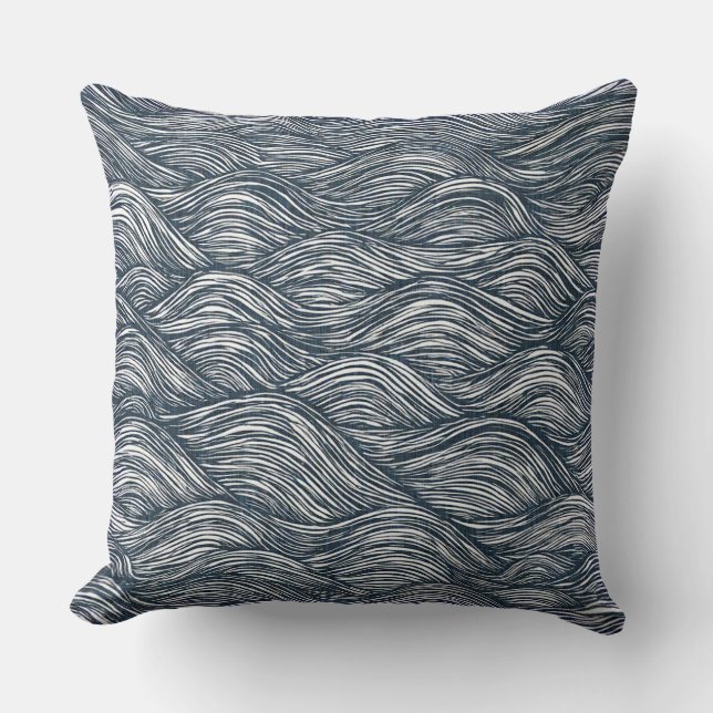 Waves line art in indigo throw pillow (Front)