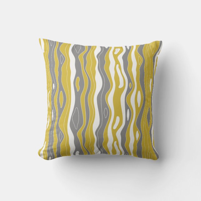 Waves, lines, mustard yellow, grey, white throw pillow (Front)