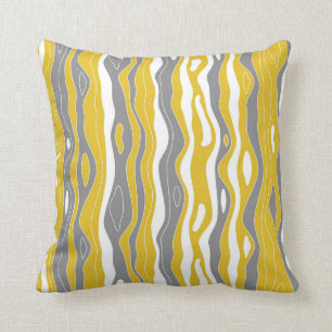 Waves, lines, mustard yellow, grey, white throw pillow