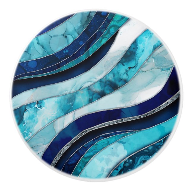 Waves - Mixed Media Blue Abstract Ceramic Knob (Front)