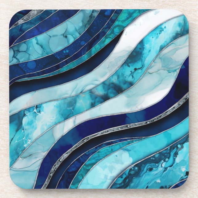 Waves - Mixed Media Blue Abstract Coaster (Front)