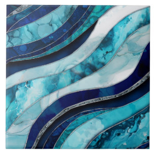 Waves - Mixed Media Blue Abstract Tile