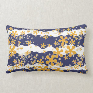 Waves, navy blue, mustard yellow, white, flower lumbar pillow